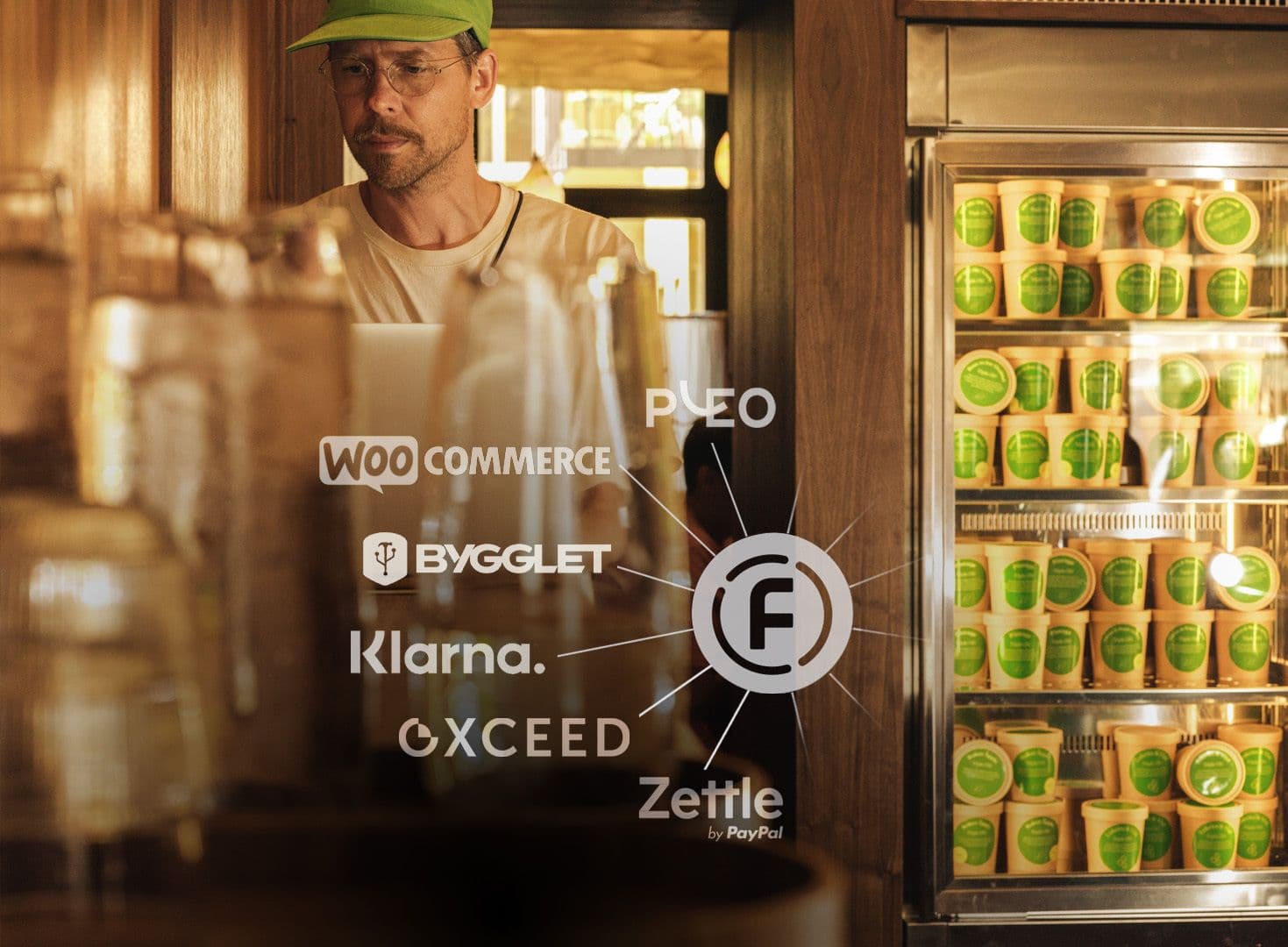 Man i grön keps står framför frysar fyllda med glass i bägare. Bilden är tagen i en glassbar i Stockholm. I förgrunden visas Fortnox logotyp länkad till logotyperna för Woo commerce, Bygglet, Pleo, Klarna, Oxceed och Zettle.